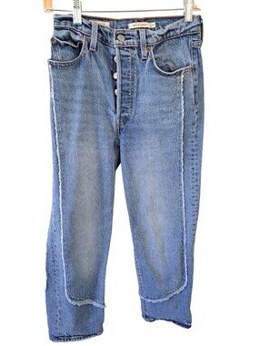 Levis Ribcage Straight Jeans 27 Distressed Panel High-Rise Button-Fly Blue Denim